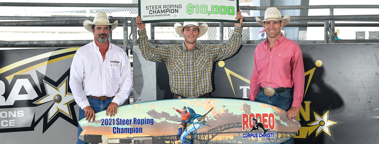 World Champion Team Roper Clay Smith Wins Steer Roping Surfboard at Rodeo Corpus Christi
